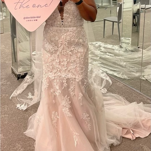 Champagne rose color lace wedding gown worn once. Size 10/12. Lace white veil - Picture 4 of 11